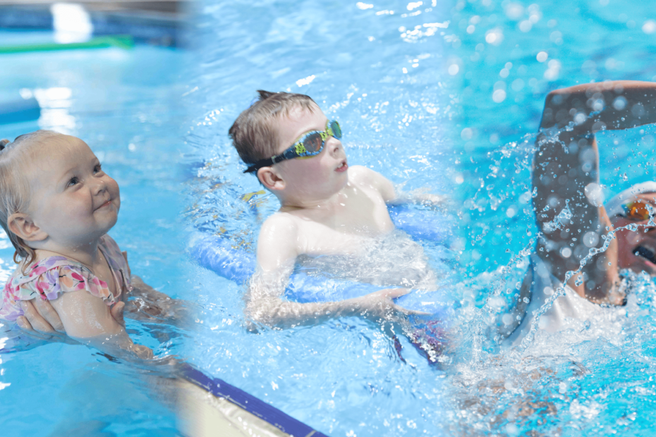 Collage of three swimmers at Peninsula Swim School: a smiling toddler held by an instructor, a young child practising back floating with goggles and a kickboard, and an adult swimmer in goggles and cap performing a freestyle stroke in the pool at Peninsula Swim School located within Core24 Health Clubs in Frankston, Somerville, and Mornington.